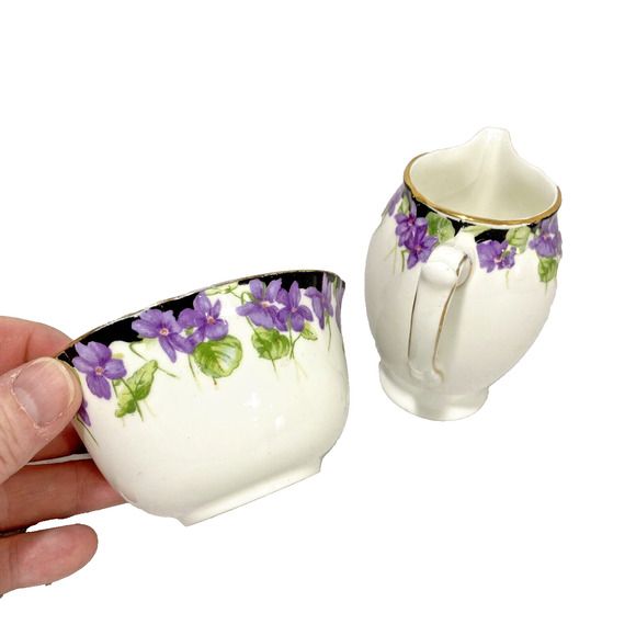 Royal Doulton Open Sugar Bowl & Creamer Violets Motif Set Made in England 1930 - Picture 11 of 13